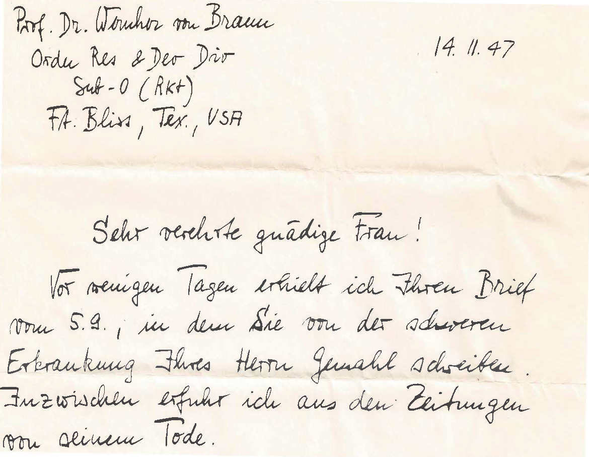 Kondolenzschreiben zum Tode Max Plancks